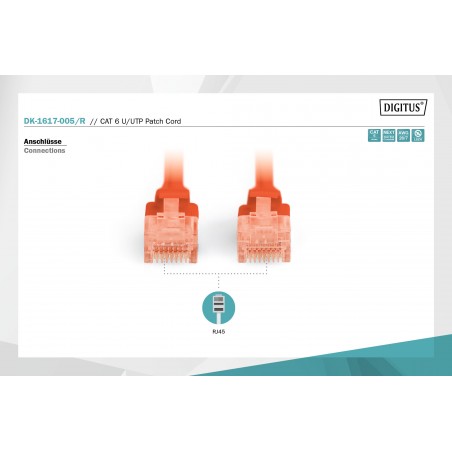patch cord RJ45/RJ45 U/UTP kat. 6 0,5m AWG 26/7 LS0H czerwony DK-1617-005/R Digitus Professional