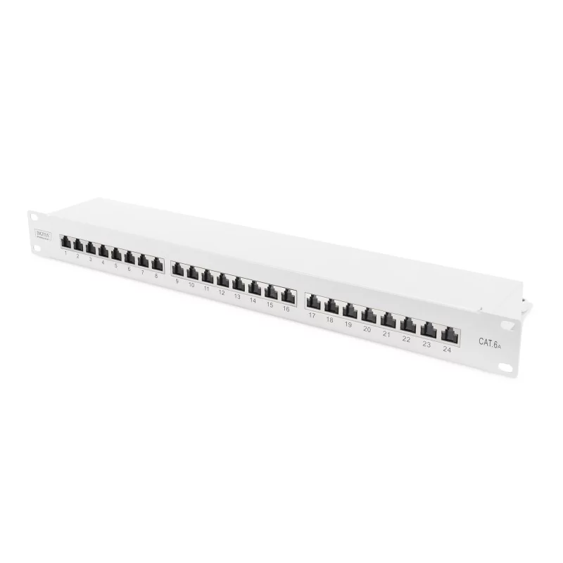 Panel krosowy 19'' 24x RJ45, LSA poziom, kat.6A, ekranowany, 1U, szary, prowadnica kabli DN-91624S-EA