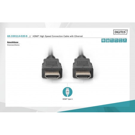 Kabel połączeniowy HDMI 1.4 HighSpeed z Ethernetem Typ HDMI A/HDMI A M/M czarny 2m AK-330114-020-S Assmann