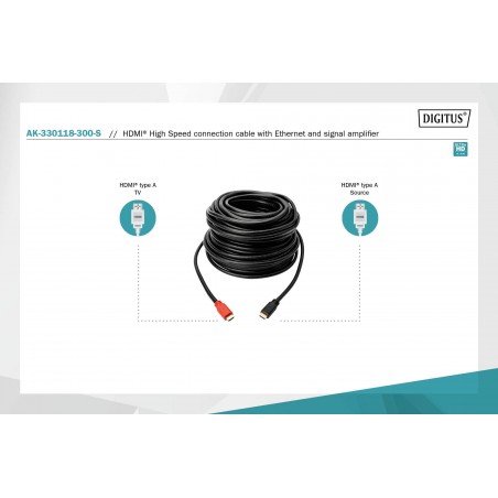 Kabel połączeniowy HDMI 1.4 HighSpeed z Ethernetem ze wzmacniaczem Typ HDMI A/HDMI A M/M czarny 30m AK-330118-300-S Assmann