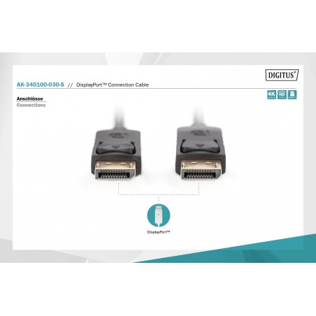 Kabel połączeniowy DisplayPort 1.2 z zatrzaskami Typ DP/DP M/M czarny 3m AK-340100-030-S Assmann