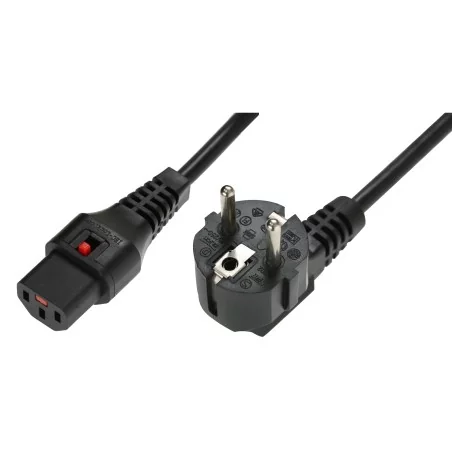 Kabel połączeniowy zasilający z blokadą IEC LOCK Schuko kątowy/C13 prosty M/Ż 1,5m czarny IEC-EL246S