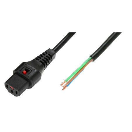 Kabel zasilający do zarobienia z blokadą IEC LOCK 3x1mm2 OPEN/C13 prosty Ż 2m czarny IEC-PC1025