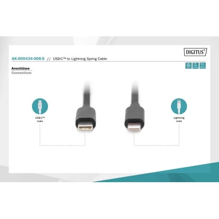 Kabel USB 2.0 spiralny USB C/Lightning, PD 20W, MFI, czarny, max. 1m AK-600434-006-S