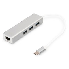 HUB/Koncentrator 3-portowy USB 3.0 Typ C, 3x USB A HighSpeed z Gigabit LAN adapter, aluminium DA-70255
