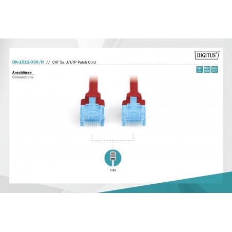 patch cord RJ45/RJ45 U/UTP kat. 5e 3,0m AWG 26/7 PVC czerwony DK-1512-030/R Digitus Professional