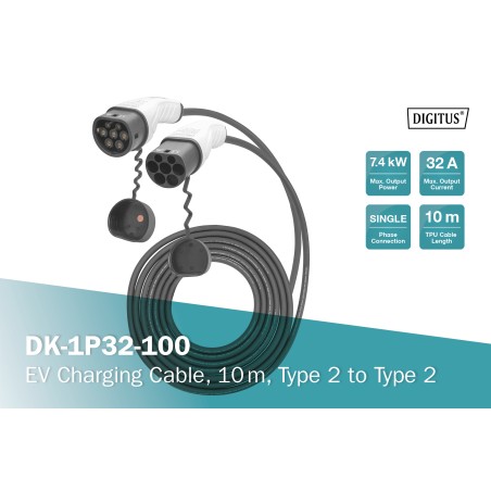 Kabel do ładowania pojazdów elektrycznych, Typ2-Typ2, jednofazowy 240V, 32A, 10m